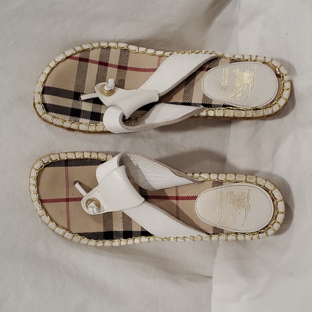 Burberry wedge sandal size 38/ 6.5 white and glold stiches.